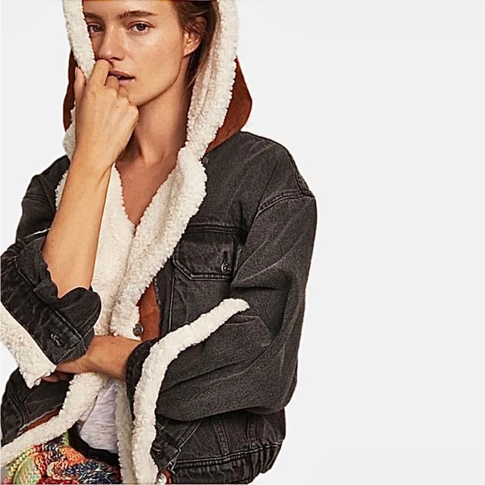 Free People Perry Hooded Denim Shearling Sherpa Faux Suede Fall Winter Jacket